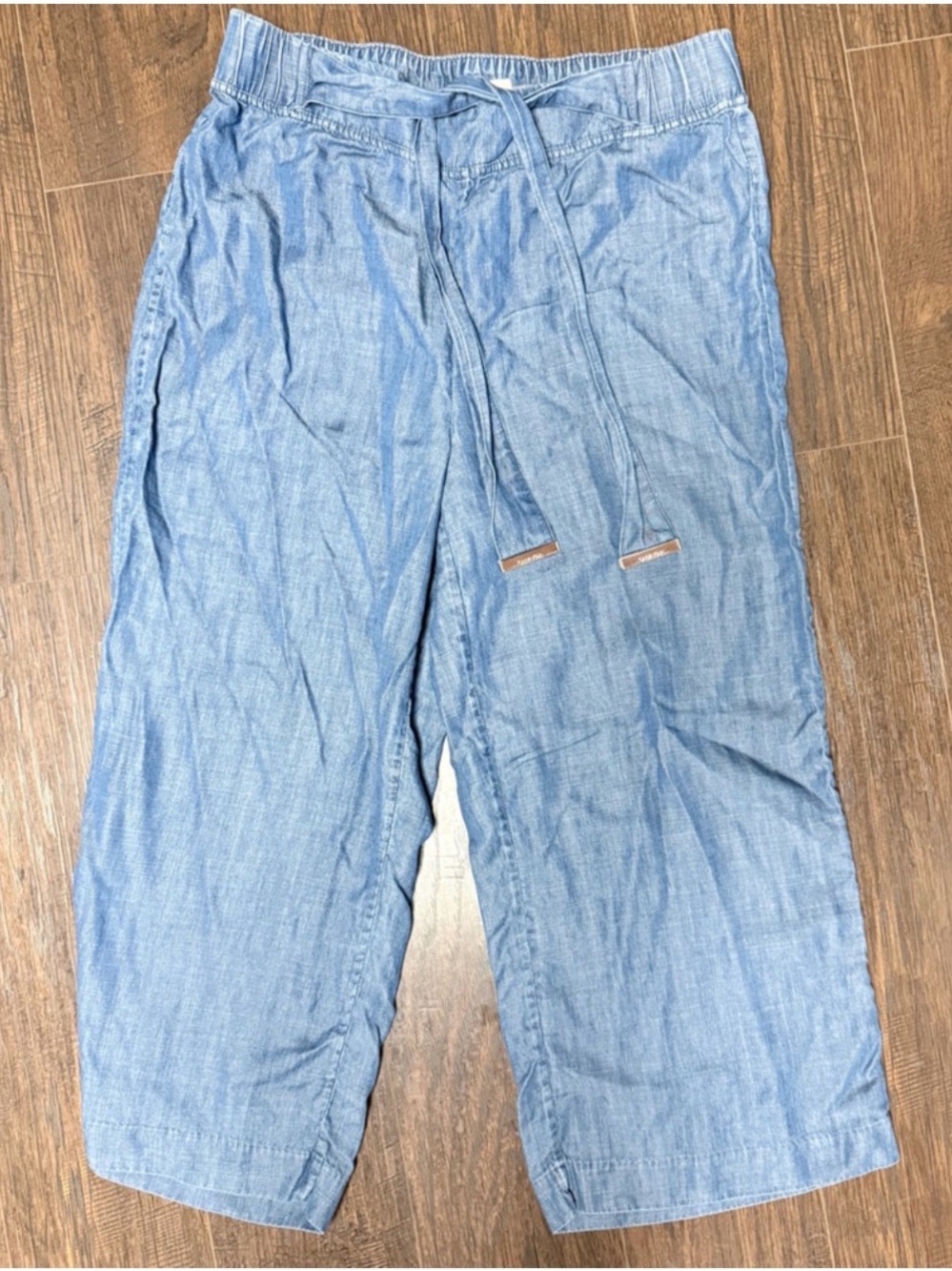 Calvin Klein 100% Lyocell Chambray Wide Leg Crop Pants Drawstring Blue M